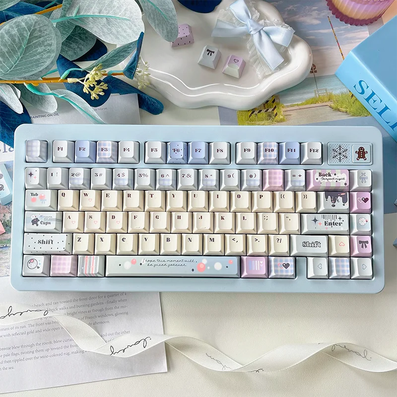 

Micro Drunk Bubble Cherry Pbt Keycaps Cherry Theme Cute Pink Girl 129Keys Blue And White Double Spliced Keycaps