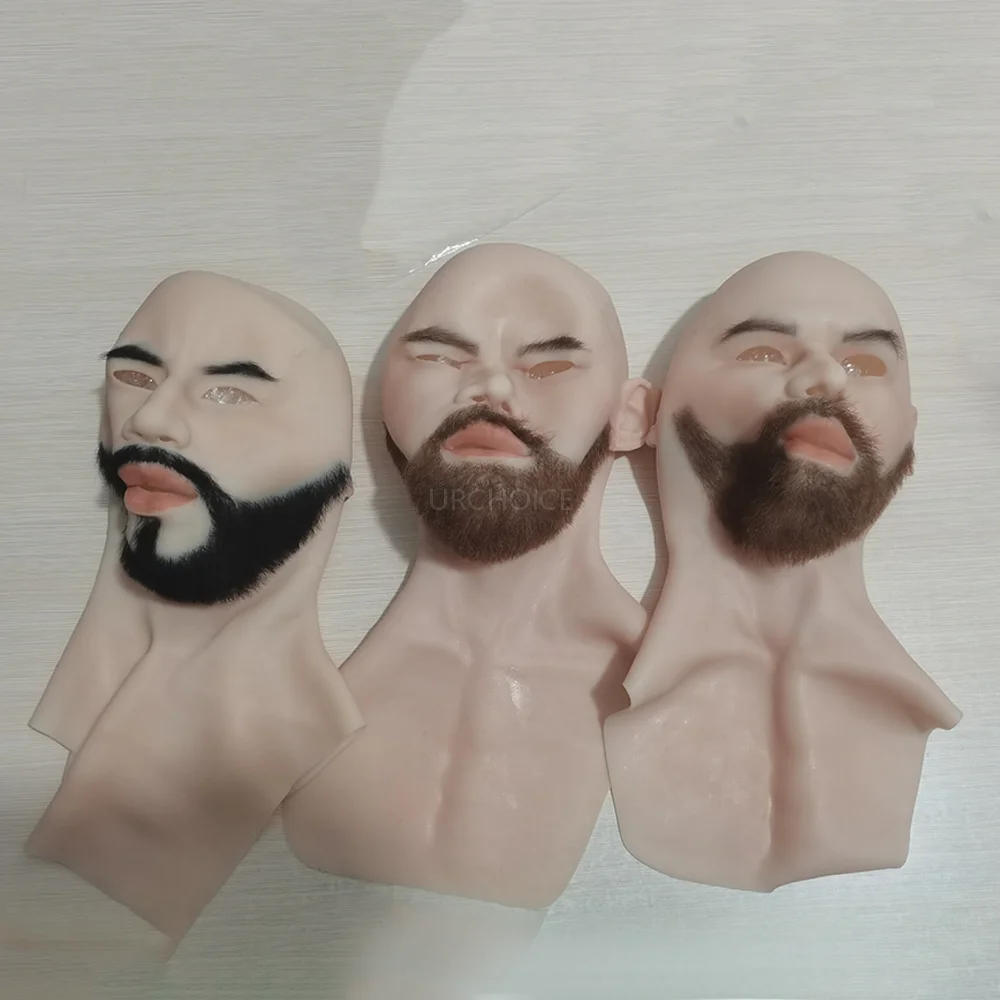 Realistic Silicone Male Face Mask for Crossdressers Halloween Masculine Full Head Cover Lifelike Facial Features Cosplay