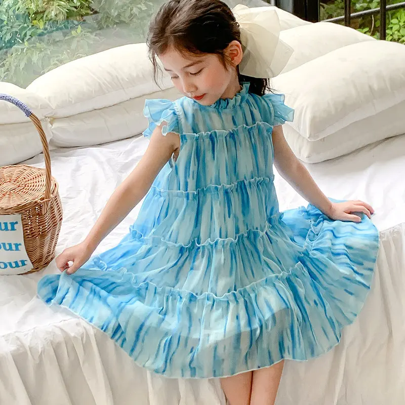 Girls' Skirt Vertical Striped Abstract Tie Dress Princess Dress25Summer New Foreign Trade Children's Wear Delivery3-8Years Old