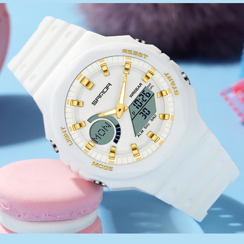 

SANDA 6016, хит продаж, модные студенческие двойные дисплеи, синхронный механизм, восьмиугольный контур, светящиеся электронные часы