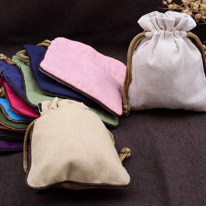 Custom Small Drawstring Cotton Cloth Jewelry Pouches Wholesale Plain Linen Bracelet Gift Bags  50pcs