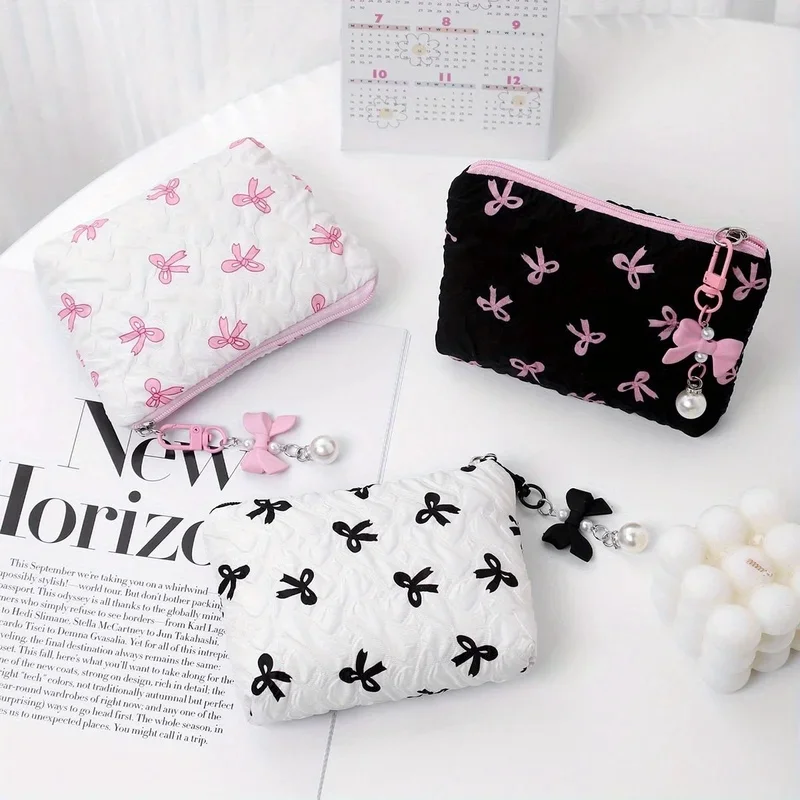 Embroidered bow makeup bag, high appearance level, coin purse storage bag, cute, large capacity, high-end makeup bag