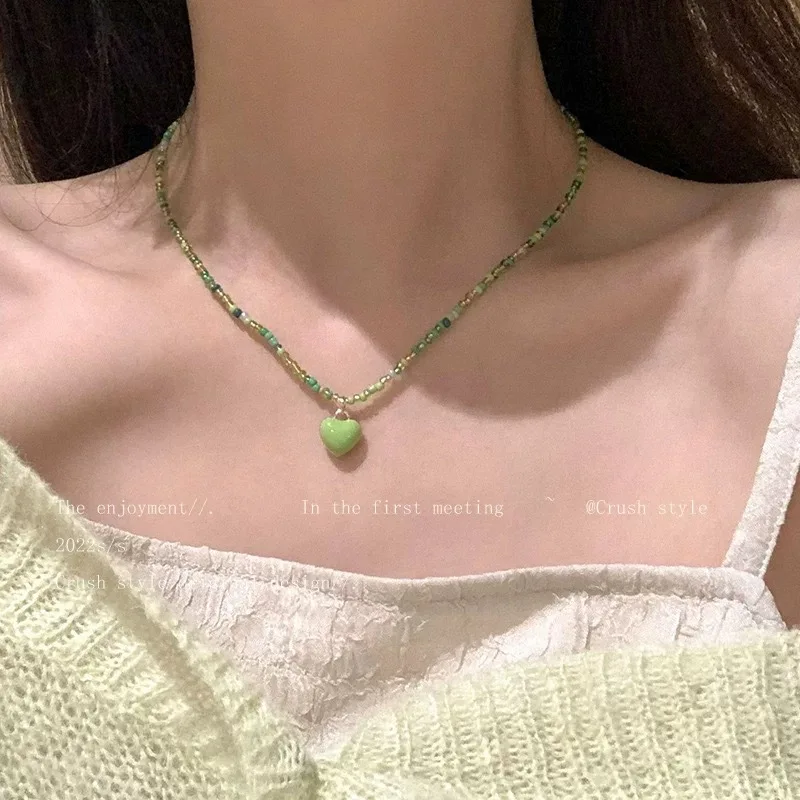 Necklace Colorful Beaded Heart Pendant Summer Millennium Dopamine Sweet Cool Women Choker Acrylic Lightweight Party Gift