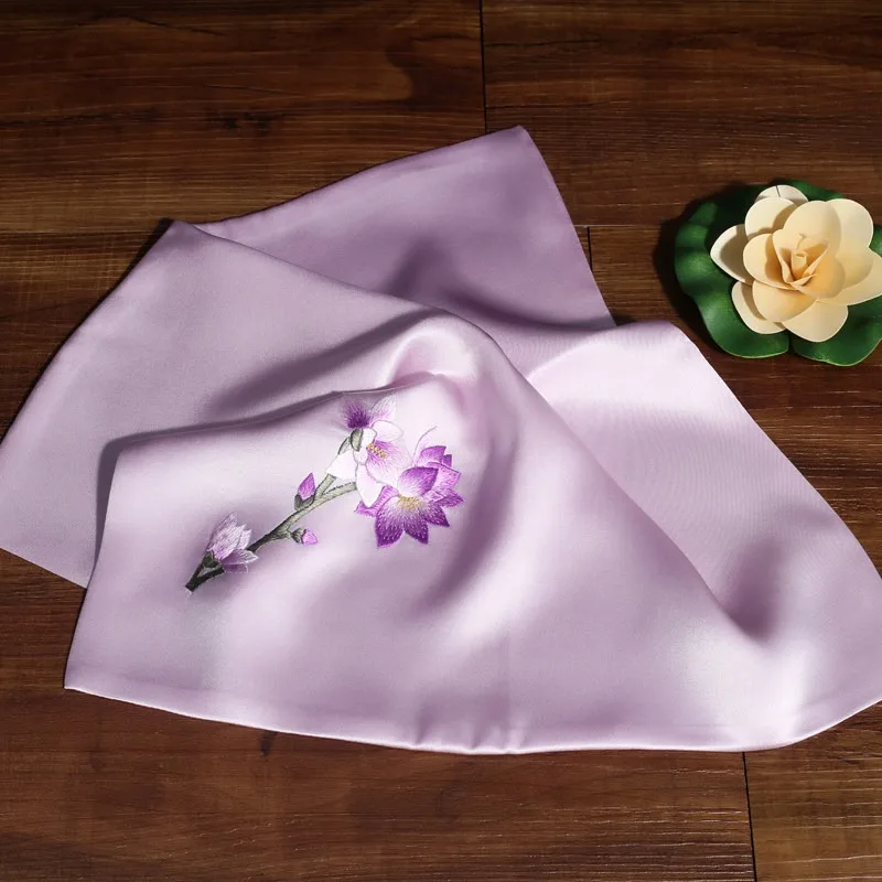 Silk Handkerchief for Women Hand Embroidered Mulberry Silk Magnolia Flower Handkerchief High End Gift