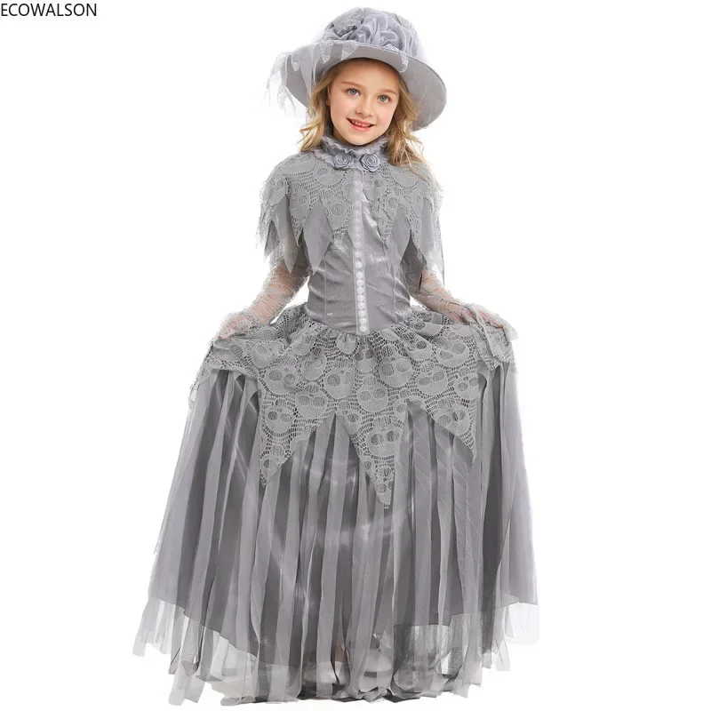 Kids Halloween Cosplay Costumes Little Skeleton Bride Lolita Grey Skull Mesh Lace Dresses Stage Performance Costumes Outfit 20