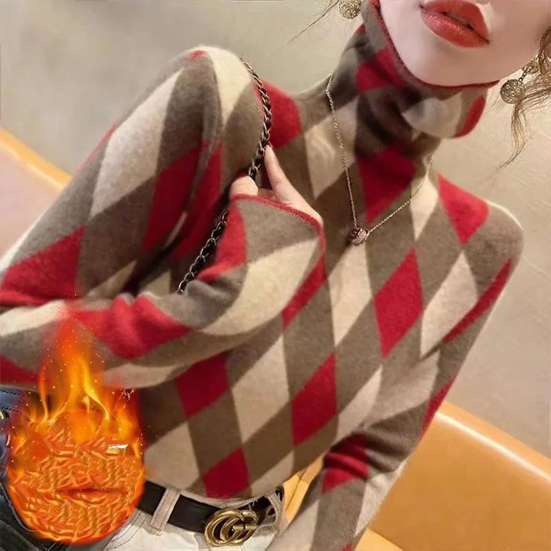 Women's Pullover Slim All-match Turtleneck Plaid T-shirt Autumn and Winter 2023 New Fashion Long Sleeve Tops Female Clothing