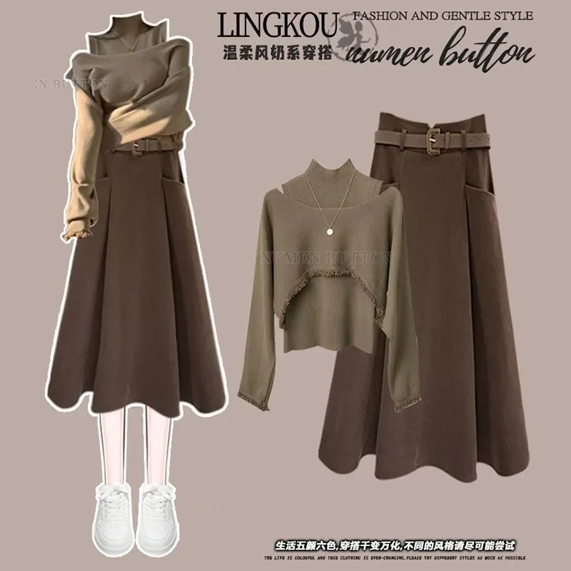 

Женская одежда больших размеров, осенне-зимний костюм, женская новая вязаная блузка, жилет, юбка, модный комплект из трех предметов