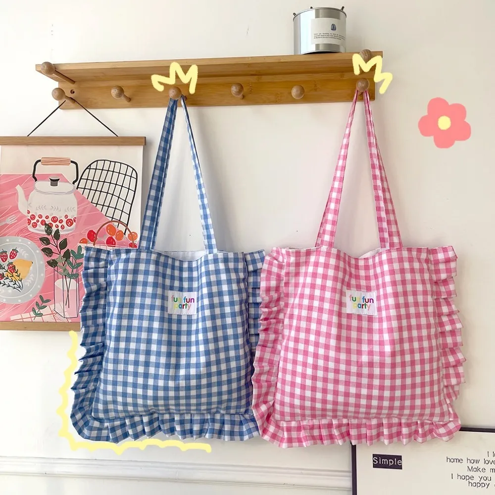 

Cute Sweet Lace Pillow Bag Commuting Large Capacity Shopping Shoulder Bag Underarm Bag Letter Plaid Cotton Handbag Students