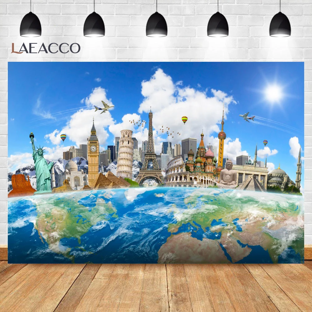 Adventure Travel Background World Map Children Birthday Party Hot Balloon Red Airplane Decor Baby Shower Photography Backdrop