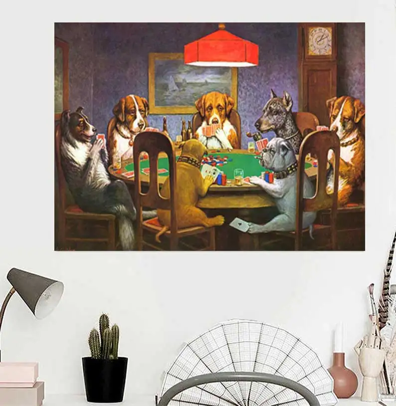 Lustiges Kunstposter und Drucke mit Hunden beim Poker, Wandbild, Cooles Haustier-Hund-Mops-in-dem-Kasino-Leinwandgemälde, Dekoration für Zoohandlungen
