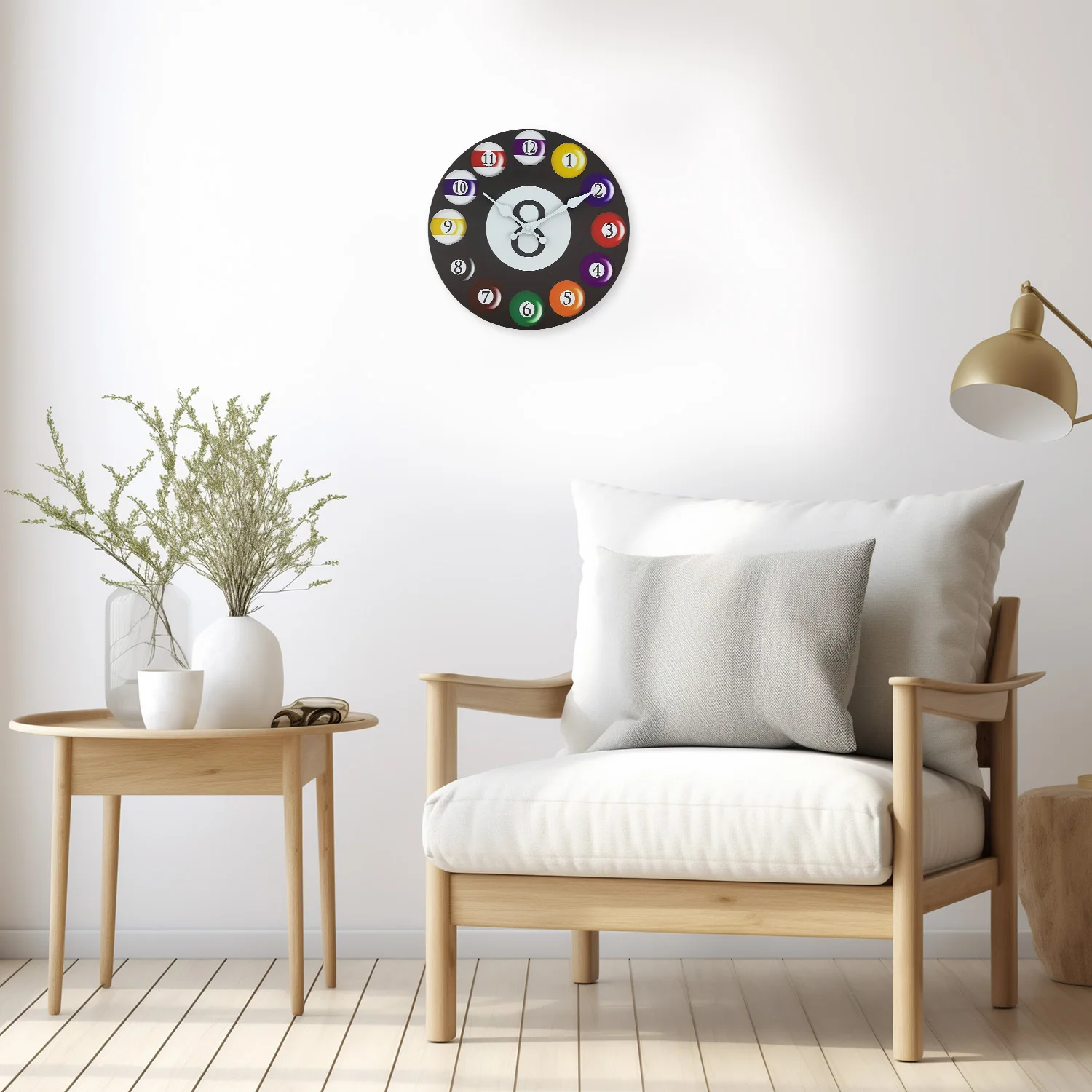 2D Colorful Billiard Pattern Acrylic & Wooden Round Wall Clock ,Living Room Bedroom Home Decoration Silent Quartz Round Clock