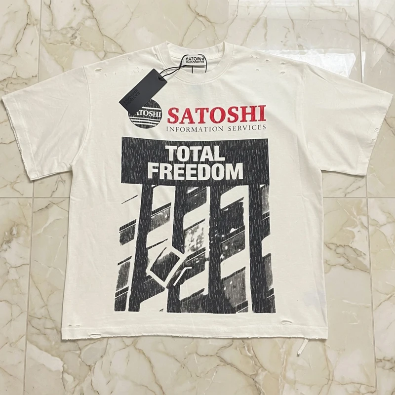 High Street Harajuku Style Apricot Satoshi Nakamoto T-shirt Perforated Round Neck Short Sleeves High-quality Stock