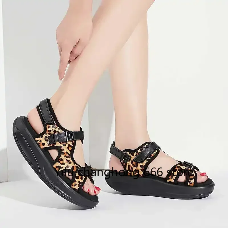 

Women Sexy Leopard Print Roman Sandals Hook & Loop Platform Genuine Leather Outdoor Casual Summer Sports Sandal Fashion Sandals
