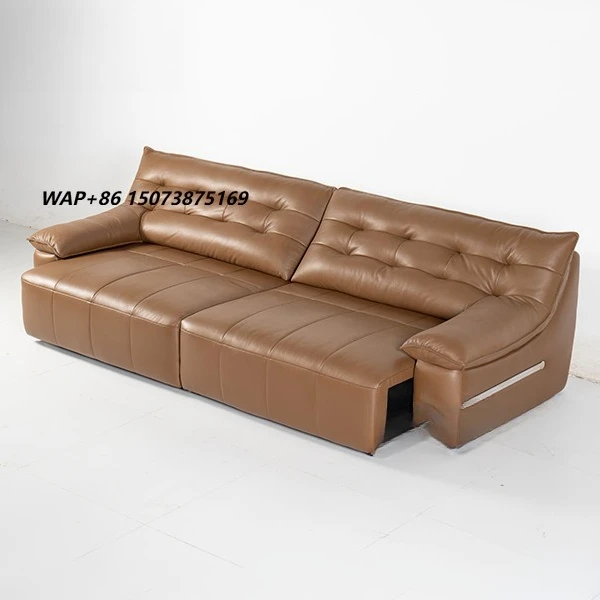 Modern Luxury Genuine Leather Electric Recliner Sofa Bed Durable High Density Foam 2 Seats Brown Living Room Hotel Villa