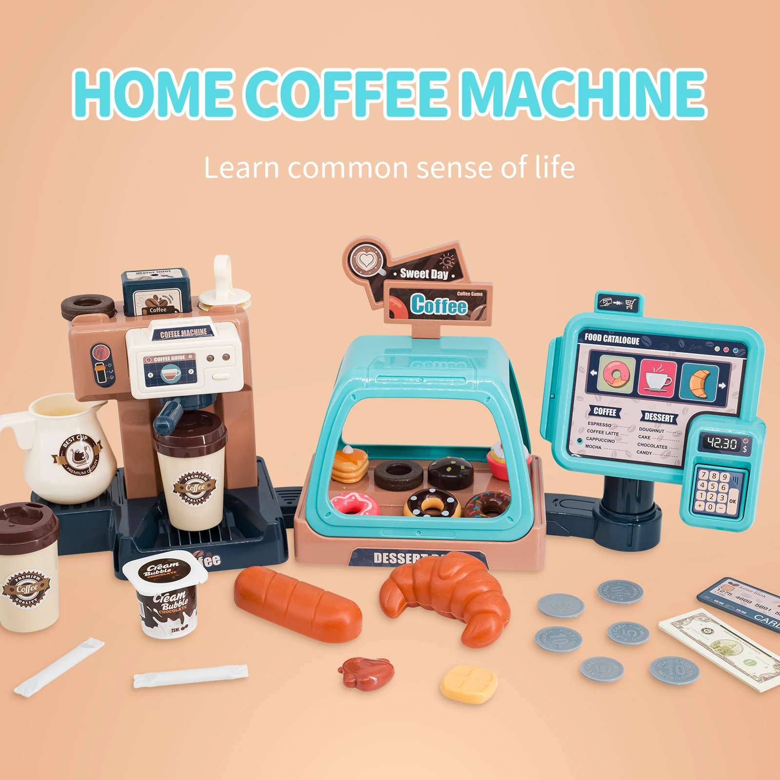 New Girl Toys Kids Coffee Machine Kitchen Toy Set Simulation Food Cake Pretend Play Shopping Cash Register Toy For Children Gift