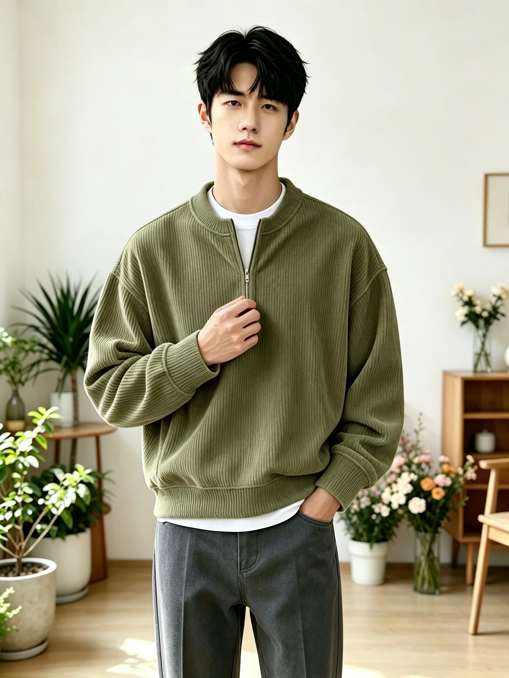Men Half Zip Stand Collar Sweatshirt Vertical Ribbed Knit Drop Shoulder Loose Long Sleeve Pullover Casual Autumn Tops
