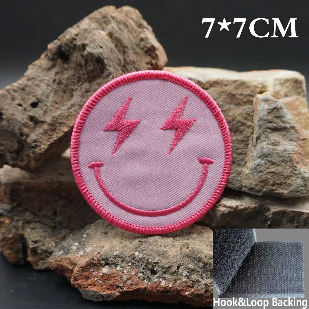 Pink Lightning Bolt Smiley Face Embroidered Patches Applique Sewing Label punk biker Band Rock Clothes Badge with hook backing