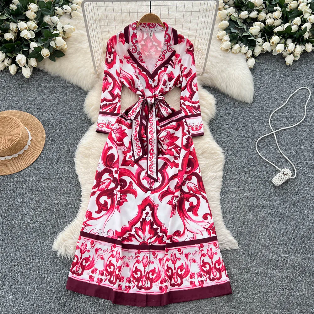 ฤดูร้อนฤดูใบไม้ร่วงใหม่Palaceสไตล์Goldenพิมพ์ดอกไม้Midiชุดเสื้อผู้หญิงครึ่งแขนเดี่ยวBreastedยาวVestidos 2025