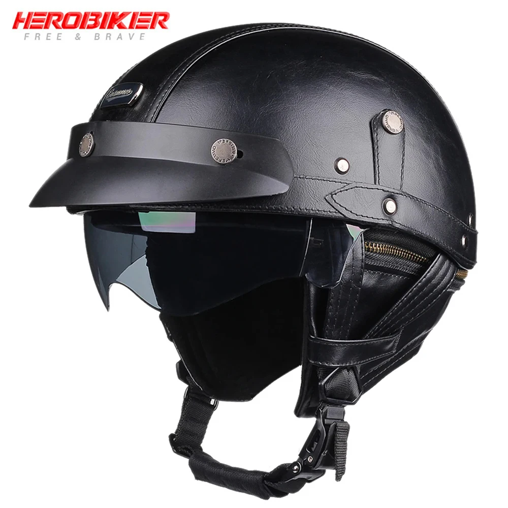 

Retro Motorcycle Helmet PU Leather Moto Helmets German Vintage Half Helmet HD Lens Casco Moto Riding Scooter Capacetes Summer