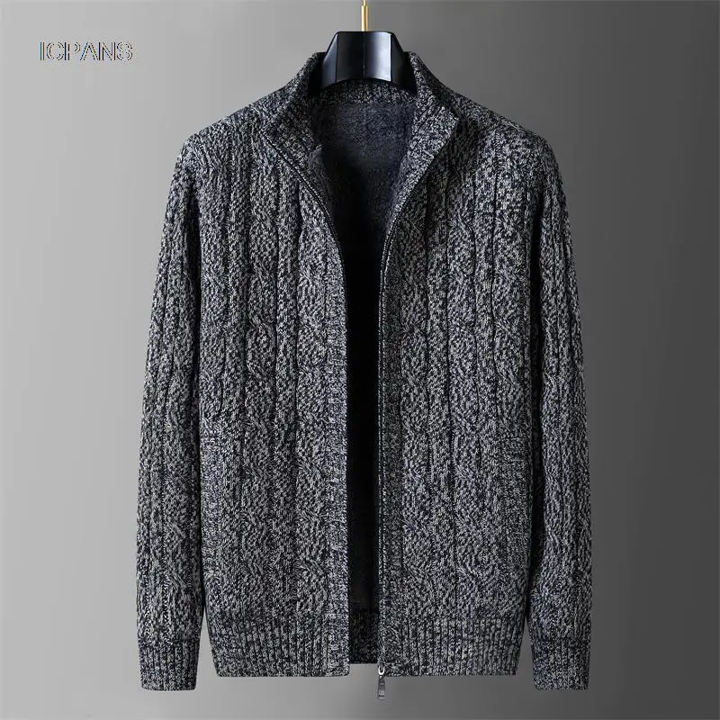 Wool Liner Men Cardigan Jumper  Jacken Korea Khaki Black Fleece Thicken Warm Winter Zipper Sweatercoat Men Knitted Clothing