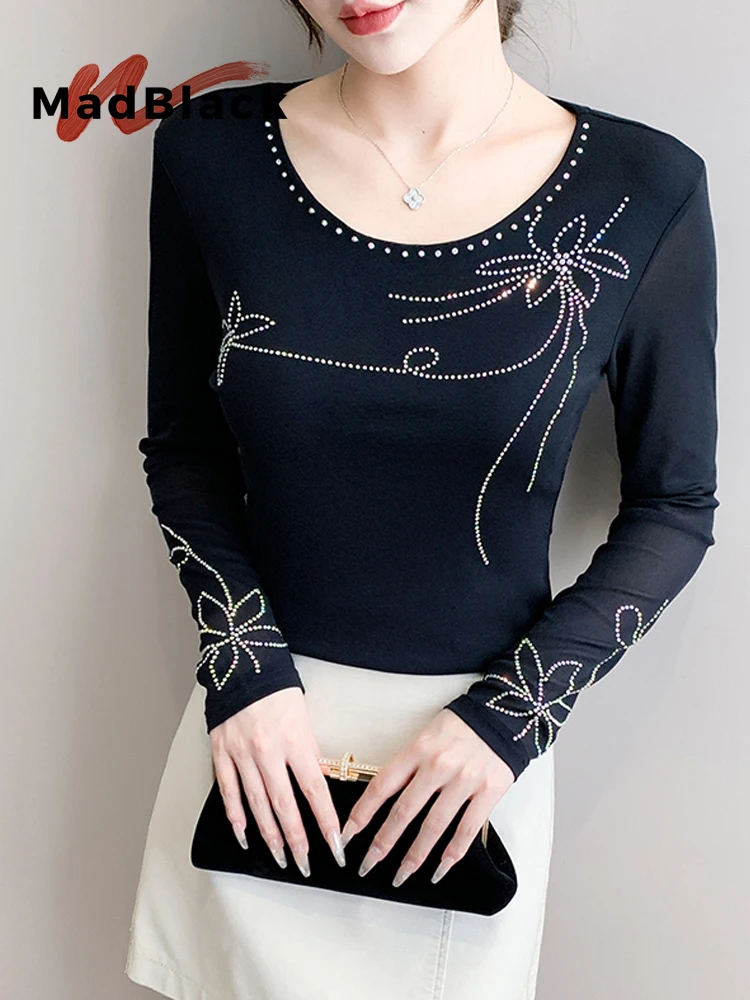 MadBlack-Women European T-Shirt, Sexy O Neck Hot Diamond, Workwear Long Sleeve Slim M-3XL Mesh Tee, 2026 Autumn New T69110CC
