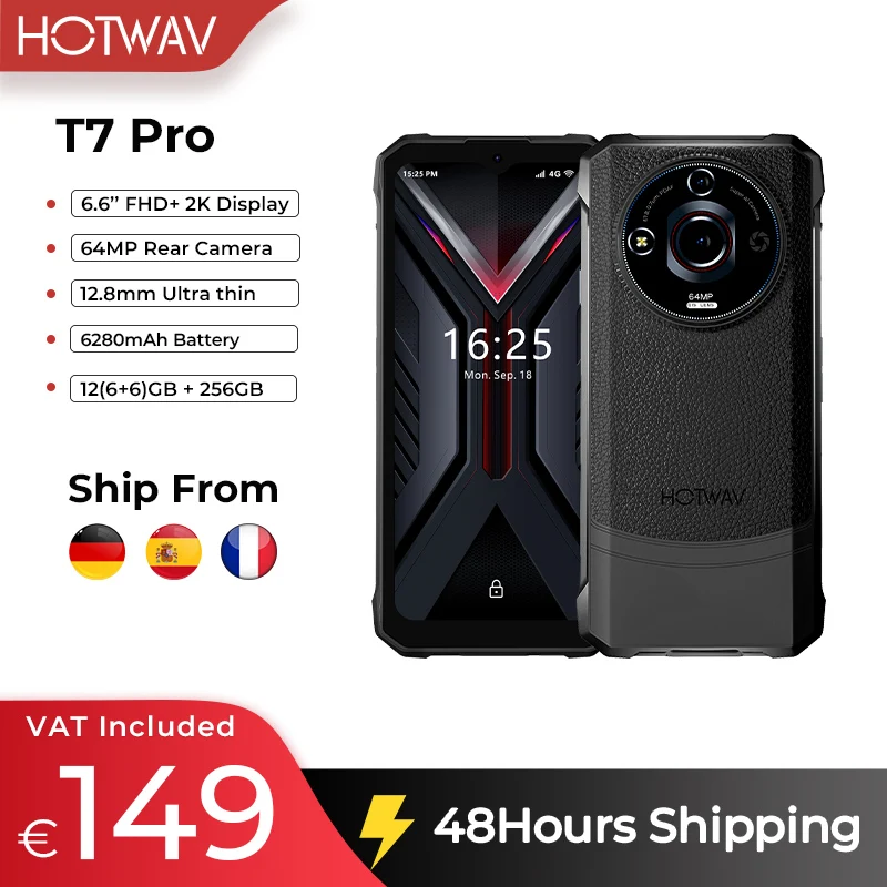 [Lagerbestand in der EU] HOTWAV T7 Pro Ultradünnes, robustes Mobiltelefon 6,6\'\' FHD+ 2K Smartphone 6GB 256GB 6280mAh Akku 64MP Mobiltelefon