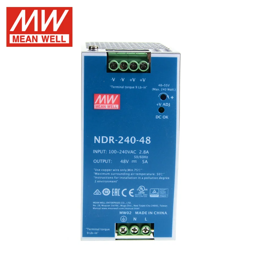 Original MEAN WELL NDR-240-48 75W 120W 240W Industrial 12v 24v 48v 5a 10a Din Rail Slim Power Supply with PFC