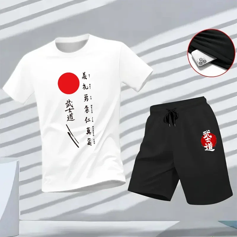 

Japanese Bushido Print Men's Set O-neck T-shirt and Sports Shorts Casual Fashion Summer Home Outdoor Comfort Jogging Tee Outfit