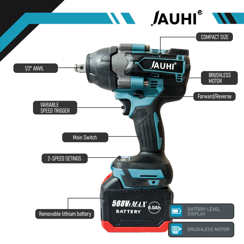 JAUHI 588VF 1800 N.M Torque Brushless Electric Impact Wrench 1/2 In With 30000mAh Lithium-Ion Battery For Makita 18V Battery