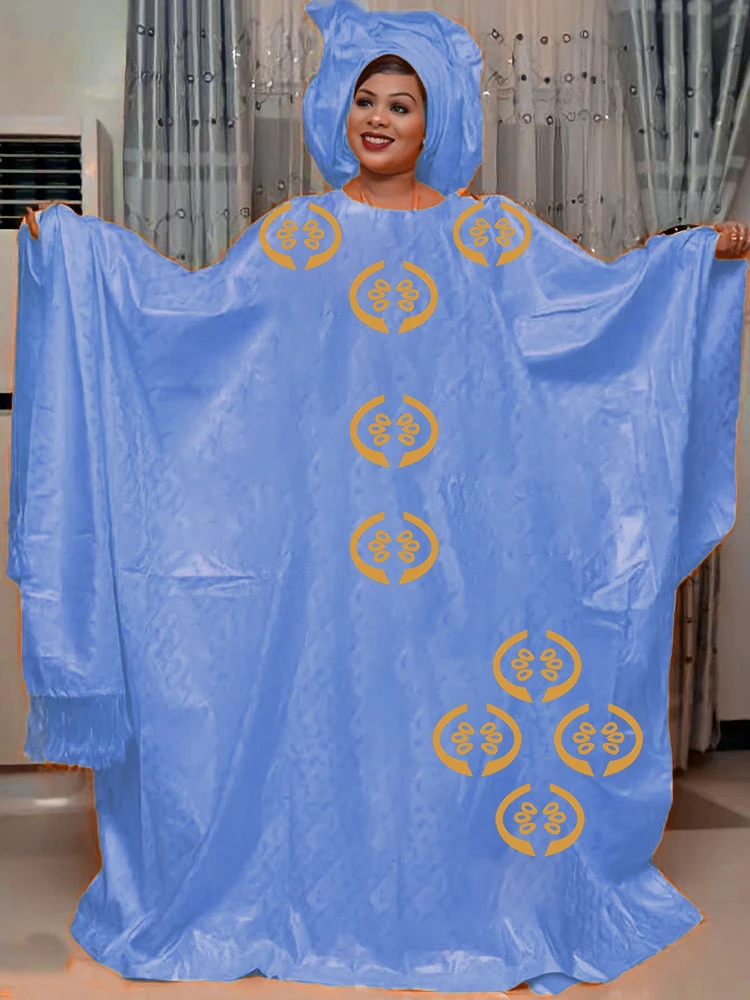 

2024 Hot Selling African Bazin Loose Long Robe Dress with Headscarf - Perfect for Everyday and Birthday Parties-Ballroom Events