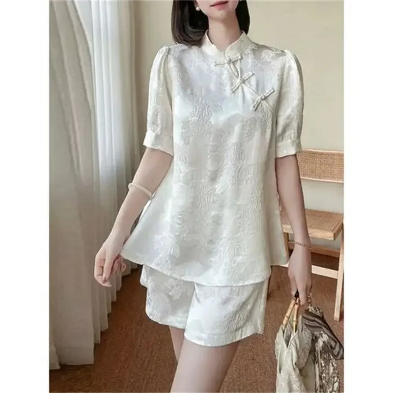 ฤดูร้อนใหม่ 2 ชิ้นชุดสตรีชุดลําลองกบปุ่มเสื้อ + กางเกงขาสั้นเอวยางยืดชุด 2 ชิ้นผู้หญิง