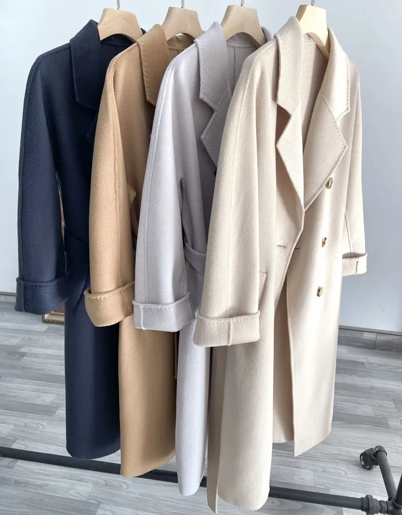 MAX Handmade Double Sided Cashmere Wool Water Ripple Women Coat Female Korean Double Breasted Long Woolen Coat for Women
