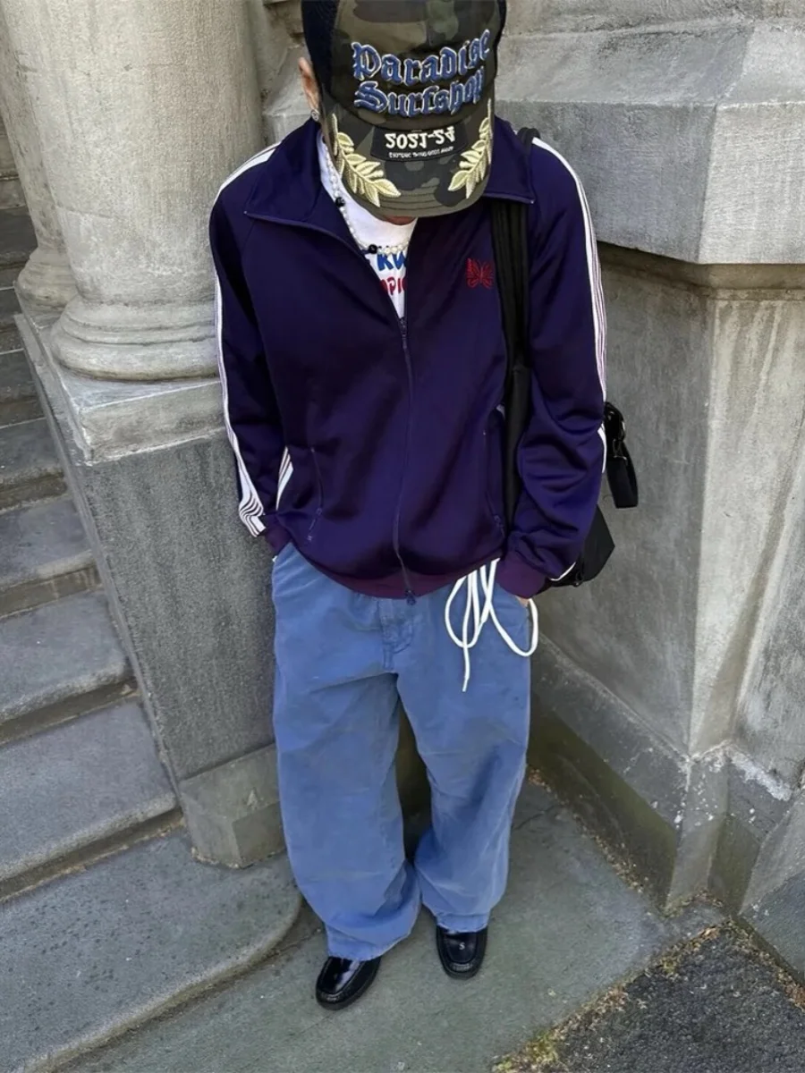 

Retro American Waed Distred Blue Workwear Pants Loose Straight Leg Jeans for Men And Women Street Sle Couple's Faion