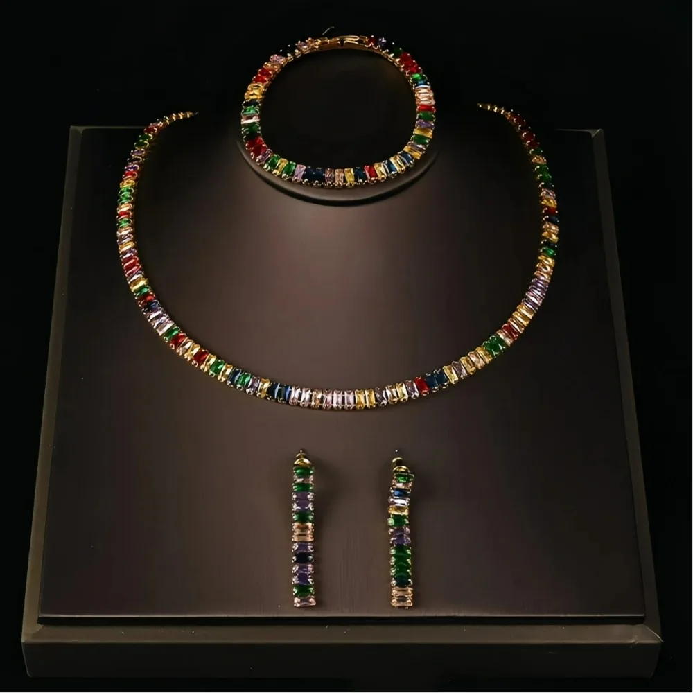 

Colorful Cubic Zircon Copper Alloy Chain Jewelry Set Classic Simple Rainbow Necklace Bracelet Earrings for Women Statement Craft