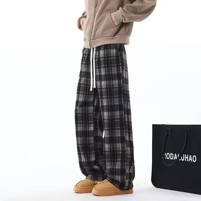

Мужские повседневные брюки в клетку в гонконгском стиле, прямые, широкие, осенне-зимние, длинные, ретро, спортивные, драпированные, свободного кроя