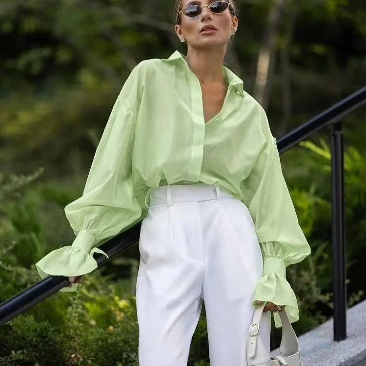 

Ele Loose Flared irt Long Sve Collar Универсальный женский деловой повседневный модный весенне-осенний однотонный воротник на пуговицах