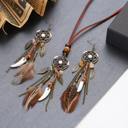 Bohemia Retro Women's Dream Catcher Long Tassel Earrings Sets Alloy Leaf Pendant Brown Feather Necklace Kolczyki Vintage Jewelry