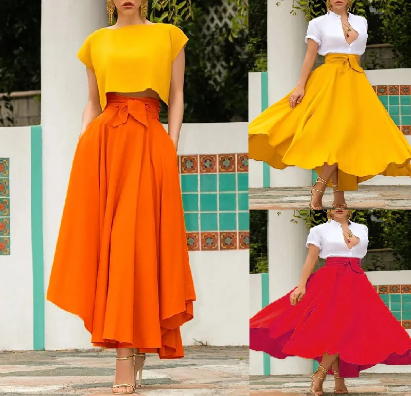 

SKMY 2024 Summer Maxi Skirt Womans Clothing Solid Color High Waist With Belt Lace-Up A-Line Pleated Long Skirt Party Clubwear