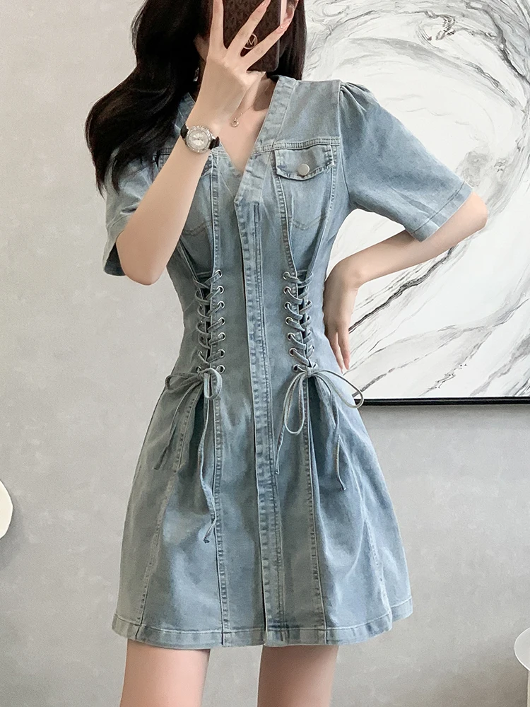Vintage Summer Lace-Up New Short Sleeve Denim Dress Zipper-Fly Short Dresses Denim High Waist Casual A-Line Jeans Dress Street