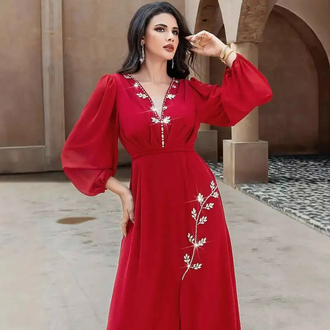 

Ba5175 Yeni El Yapımı Dikişli Taşlı Derin v Seksi Ön Yarık Elbise Moda Kadın Robe Abaya Ramadan Dubai Luxury Islam Elegant