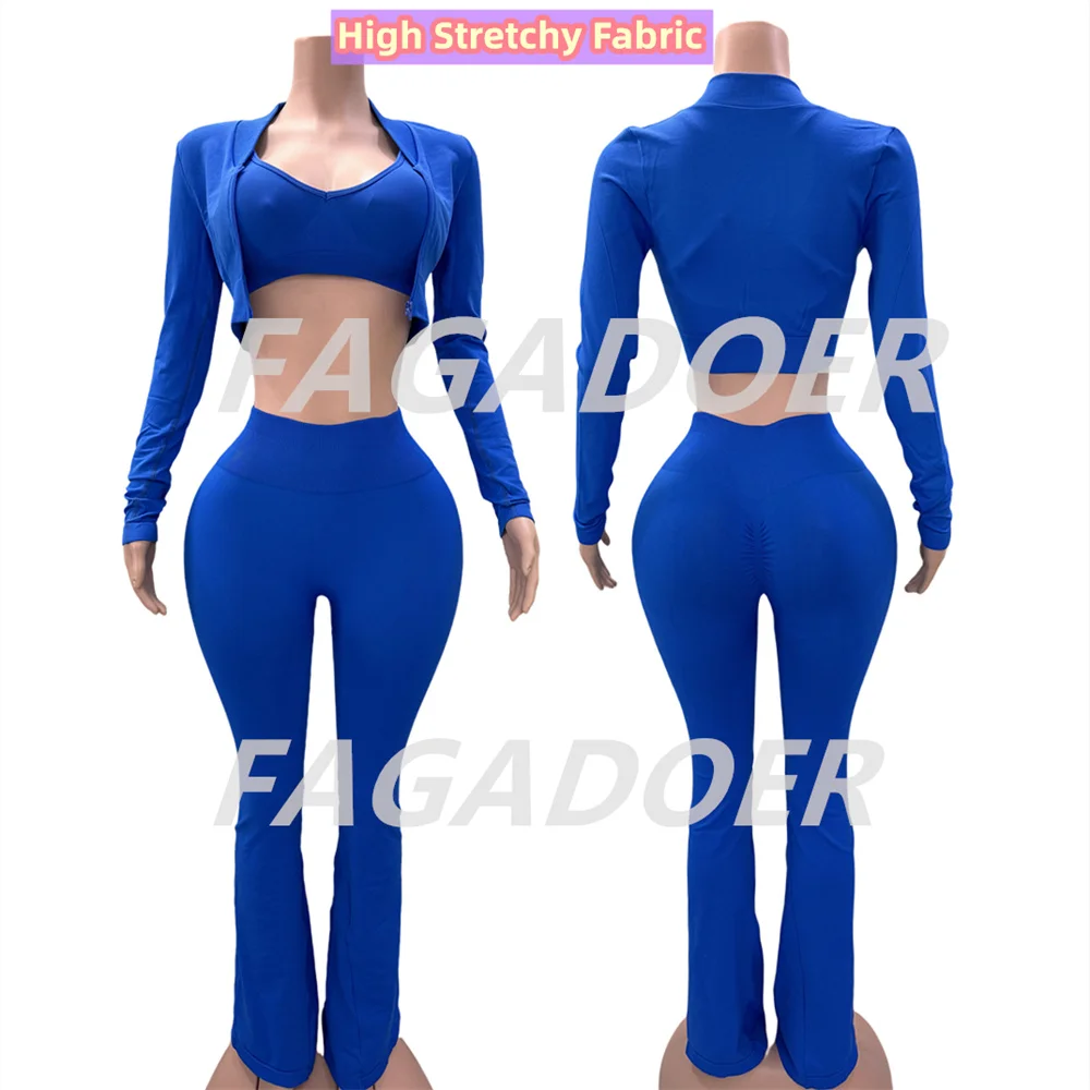 FAGADOER High Quality Women 3pcs Set Casual Tracksuit Stretchy Zip Crop Jacket+Vest+Flare Pants Matching Streetwear Sporty Suit