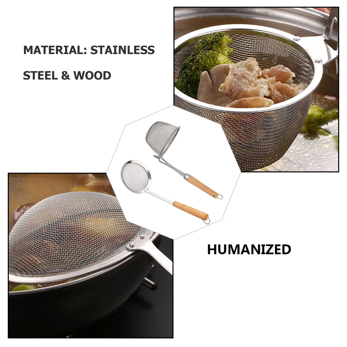 

Stainless Steel Colander Spoon Wooden Handle Filter Skimmer Noodle Strainer Basket Kitchen Gadget Wear Resistant Hanging Hole
