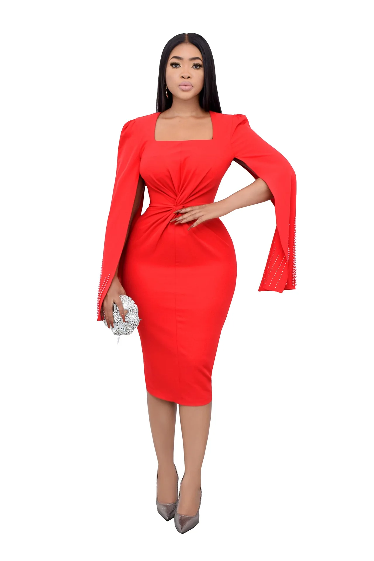 

African Dresses for Women Spring 2024 Elegant Cloak Sleeve Polyester Red White Black Party Bodycon Dress Dashiki Africa Clothing