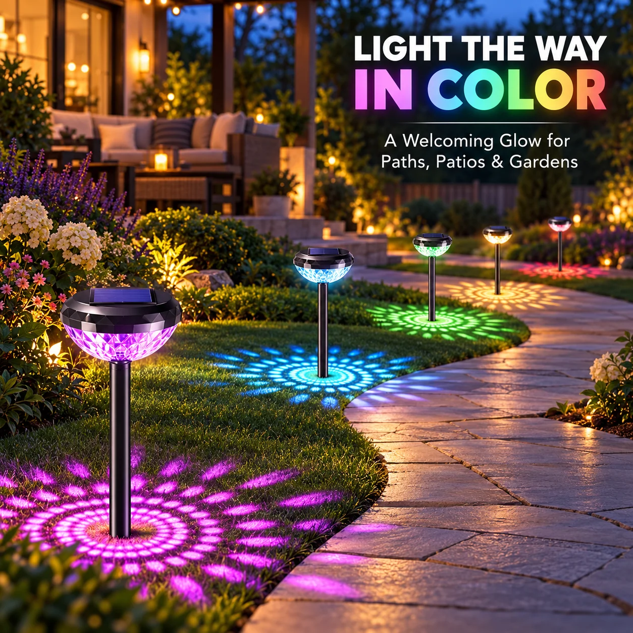 6 pack Solar Pathway Lights Outdoor Color Changing, Decorative Floral Pattern Projection Solar Garden Stake Lights with Diamond Cut Lens, Weather Resistant Auto On/Off No Wiring Landscape Decor Lights for Walkway Yard Patio Lawn Driveway 10mah