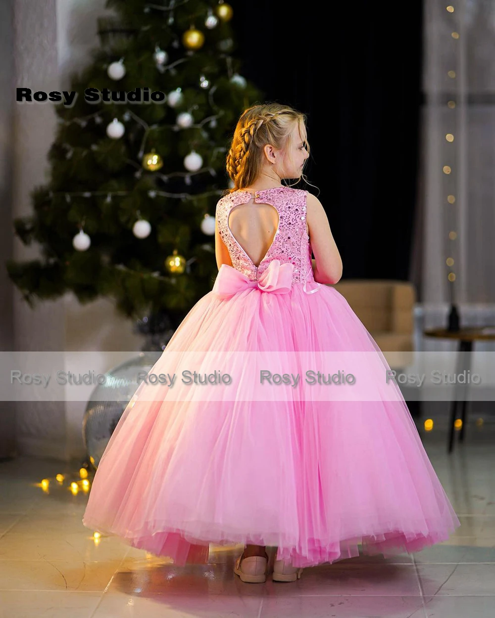 Princess Floor Length Girl's Party Dresses Pink Puffy Flower Girl Dress Sequin O-neck Sleeveless Pageant Prom Gowns