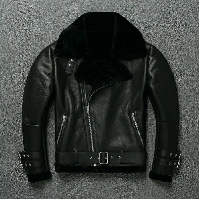 

Natural Sheep Fur Jackets Men Shearling Real Leather Jacket Lapel Oblique Zipper Belt Biker Winter Coat Warm