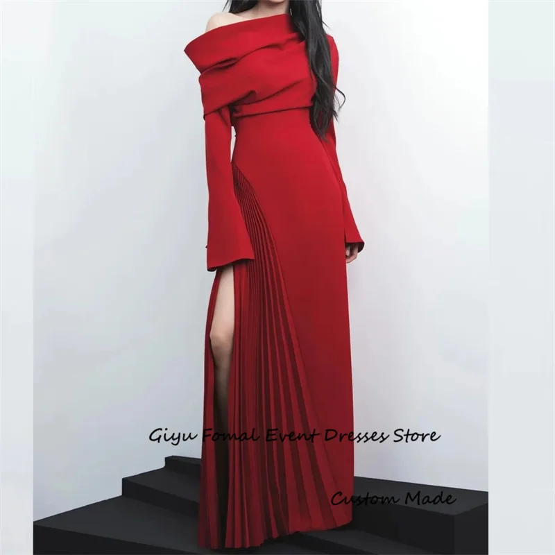 Giyu Elegant Red Evening Dreses Dubai Arabic Women Long Sleeves Pleats Soft Satin Split Prom Gowns Formal Occasion Dress