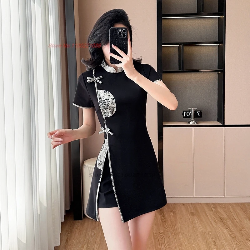 

Китайское сексуальное платье для ночного клуба, qipao, улучшенное Cheongsam, национальное платье Ципао с цветочным принтом + шорты, комплект, рабочее платье для спа-салона в отеле