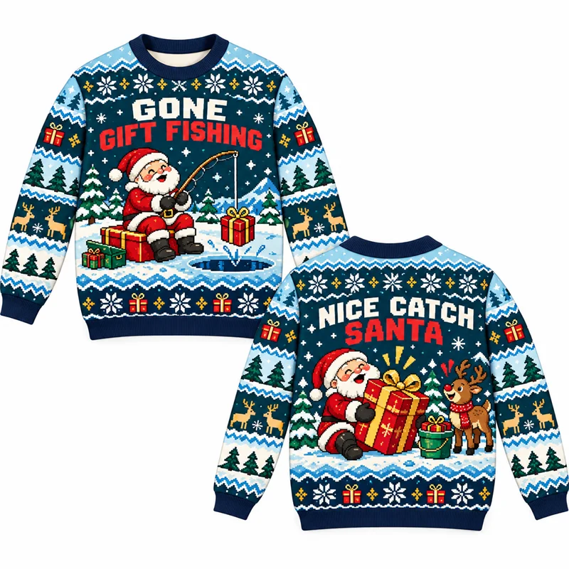 Ugly Christmas Sweater Men Santa Chimney Error Gone Fishing Funny Santa Print Crewneck Long Sleeve Holiday Party Pullover