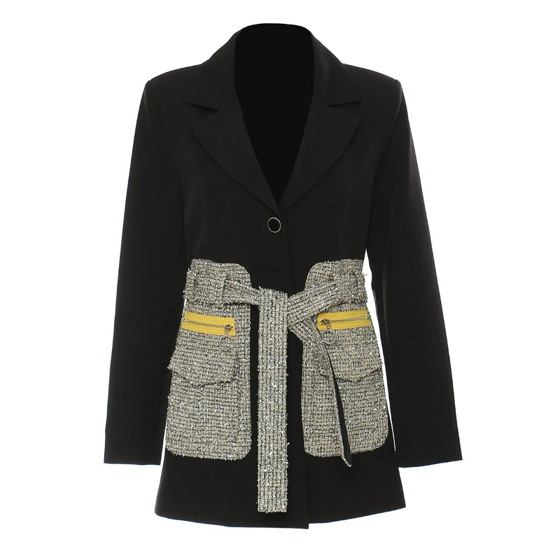 2026 Spring Autumn New Fashionable American Style Elegant Personalized Design Collar Splicing Medium Length Suit Coat for Women